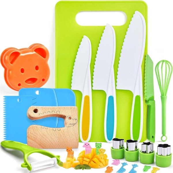 26-Piece Kids Kitchen Knife Set with Serrated Edges, Plastic Toddler Knife, Crinkle Cutter