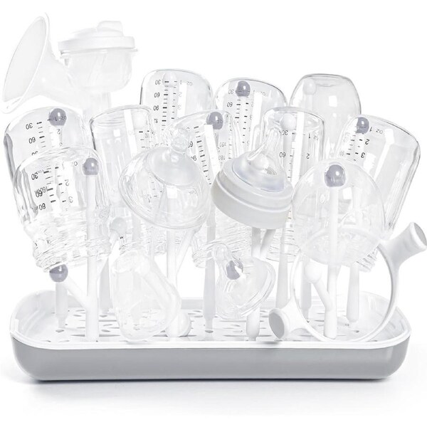 High Capacity Baby Bottle Drying Rack with Tray - Gray