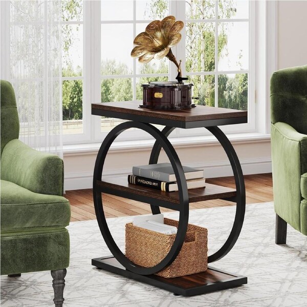 Wooden Narrow End Table with 3 Shelves and Metal Frames for Living Room and Bedroom