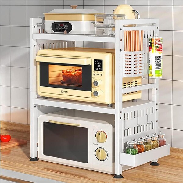 2-Tier Expandable Microwave Toaster Shelf with Utensil Holder - White