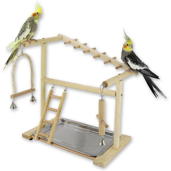 Joyeee Cockatiel and Cockatoo Perch Table with Bird Food Bowl and Toys - 14.4 x 9 x 15.5