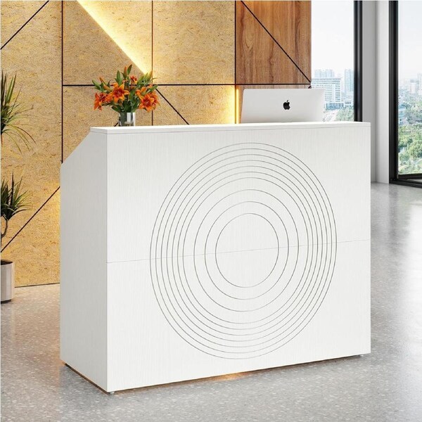 Modern Reception Desk with Counter and Cable Grommet - 47 Inch White Table