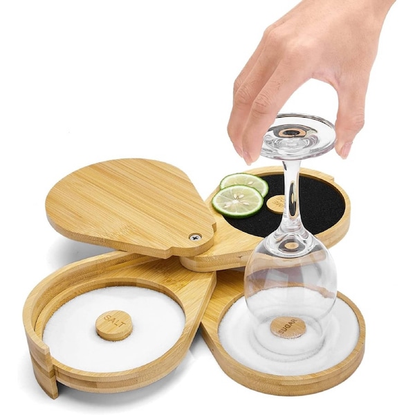 Multiple Rimmer's Margarita Salt Rimmer Set 3 Tier Bar Glass Rimmer Bamboo Wood Sugar Box ...