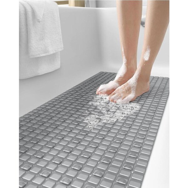 Non-Slip Bath Tub Shower Mat - 16x39 Extra Long, Suction Cups, Drain Holes, Machine Washable - Clear Grey