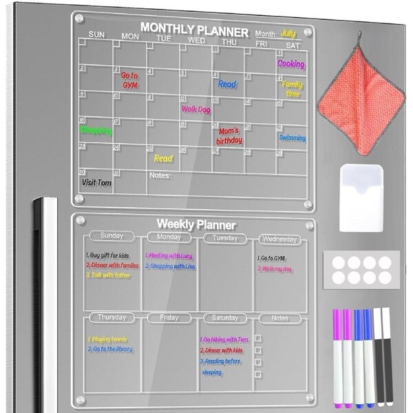 Clear Acrylic Magnetic Dry Erase Board and Calendar for Fridge - 43x30cm with 6 Markers and Towel