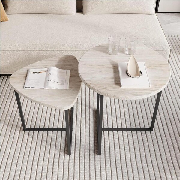 Industrial Coffee Table Set of 2 - Modern Nesting Tables with Metal Frame - Black & White