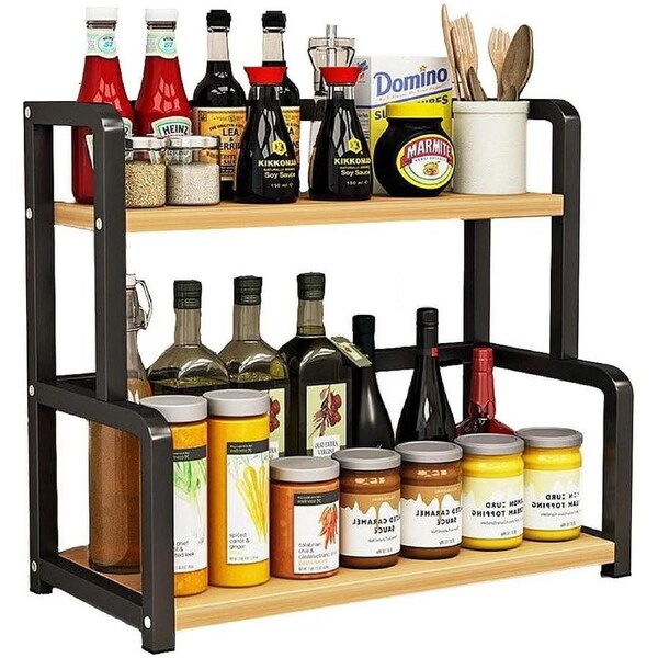 2-Tier Stainless Steel and Wooden Kitchen Countertop Spice Rack