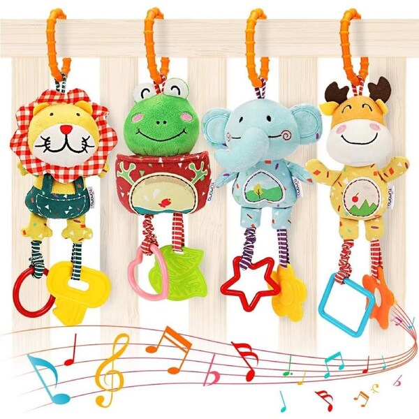 Baby Toys for 0-12 Months: Handbells, Rattles, Plush Stroller Toys - 4 Pack