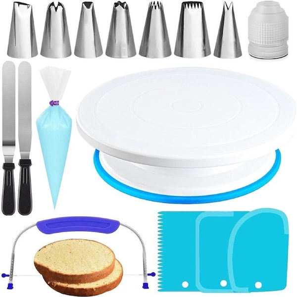 35pc Cake Turntable & Leveler with Non-Slip Pad, 7 Icing Tips, 20 Bags, Spatula Set & eBook