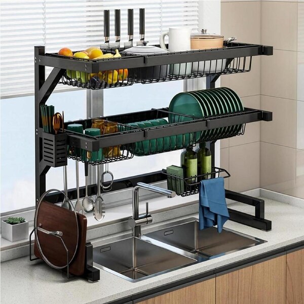 Large Over Sink Dish Drying Rack with 2 Tiers and Multiple Baskets - Kitchen Sink Organizer (85cm L x 31cm W)