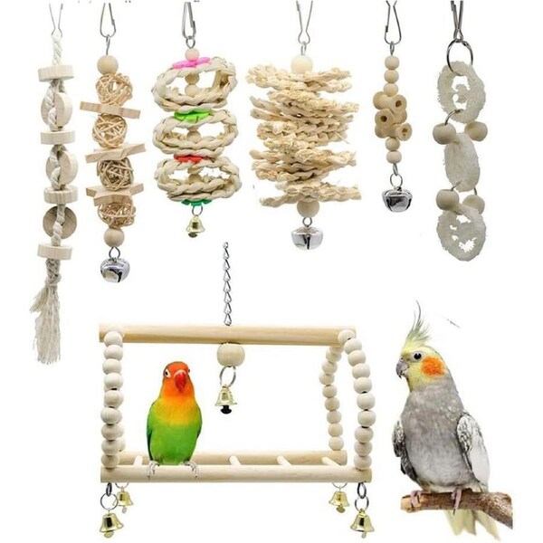 7-Piece Wooden Bird Chewing Toy for Parrot Cage - Suitable for Cockatiels, Conures, Finches, Macaws, Lovebirds