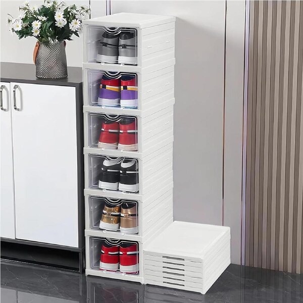 Stackable Collapsible Acrylic Shoe Organiser with Clear Cover - 6 Tiers White
