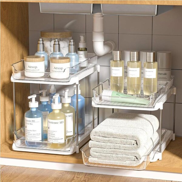 2-Tier Bathroom & Kitchen Organizers with 8 Dividers - Under Sink & Pantry Storage