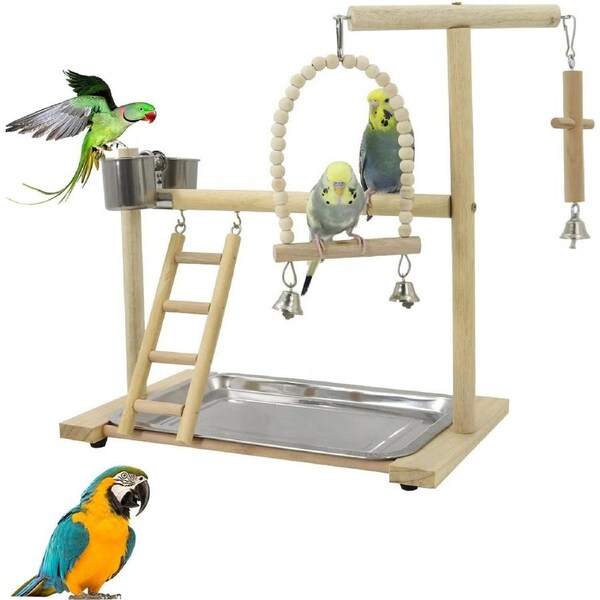 Natural Wood Bird Play Stand with Feeder Cup and Tray for Small Birds