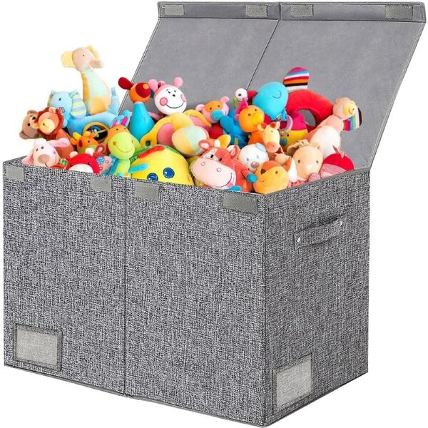 Large Foldable Toy Box with Lid - 62.5x33x40cm, 83L - Gray Linen Kids Storage Organizer