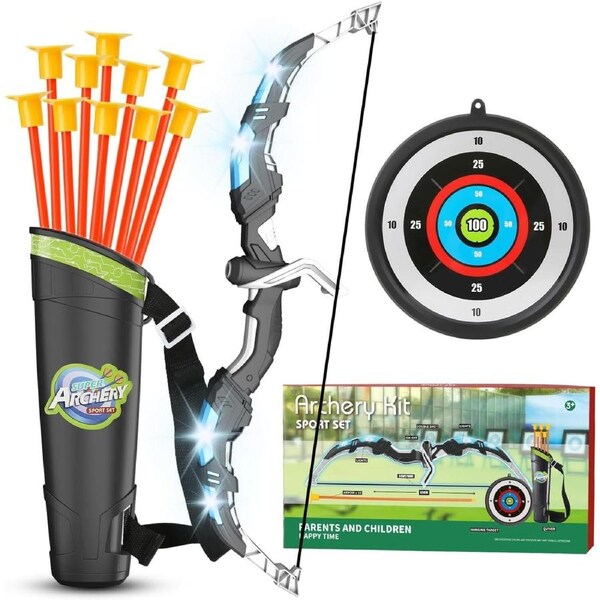 Kids Bow and Arrow Set with LED Light-Up Archery Toys - Ages 4-12 - 10 Suction Cup Arrows, Target, Quiver