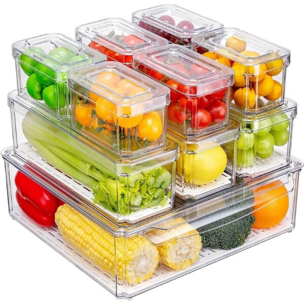 10 Pack Fridge Organiser Stackable Storage Containers BPA-Free Kitchen Clear for Food Drinks Vegetable