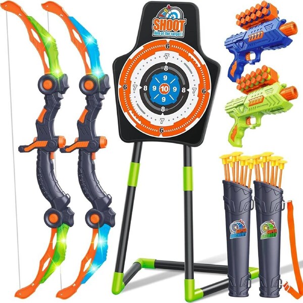 2 Pack Bow and Arrow for Boys 5-11+: LED Light Up Archery Toy with 20 Suction Cup Arrows, Target & Quiver