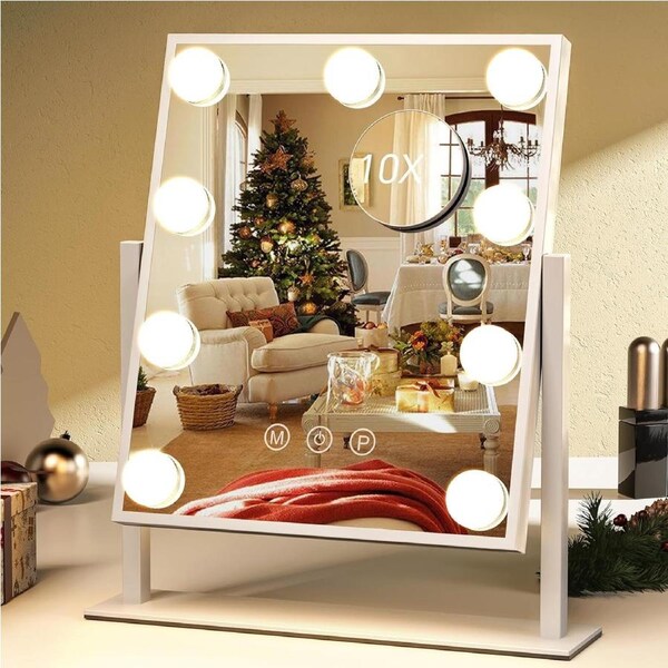 Tabletop Makeup Mirror with 9 LED Lights - Smart Touch Control, 3 Colors, 360° Rotation