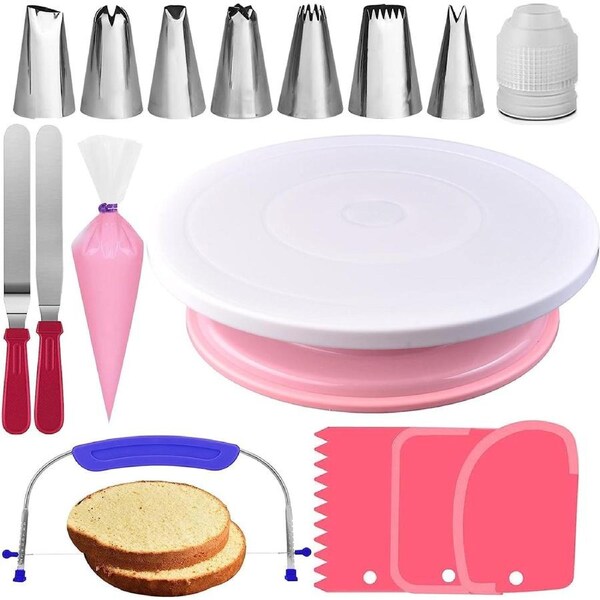 35pcs Cake Turntable and Leveler with Non-Slip Pad, Icing Tips, Spatula, and Ebook - Baking Tools