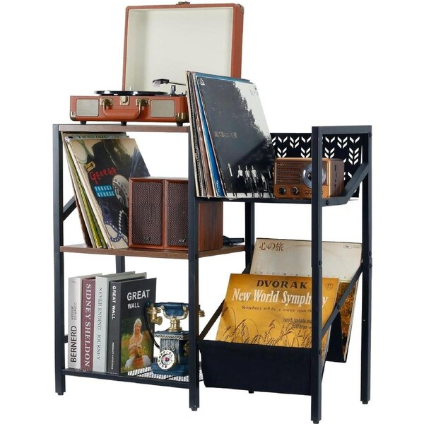 3 Tier Record Player Stand for Vinyl Storage - Holds up to 150 Albums - Metal Turntable Shelf (Black)