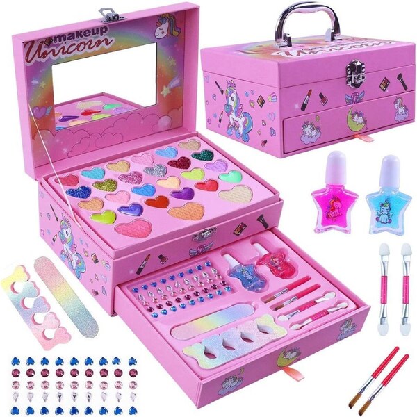 Unicorn Kids Makeup Kit - Non Toxic Washable Girls Play Set with Multicolor Diamond & Case - Age 5-12 - Princess Gifts