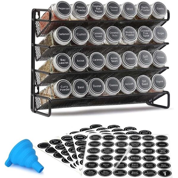 28 Jar Spice Rack Organizer with Labels, Chalk Marker, and Funnel - Countertop or Wall Mount