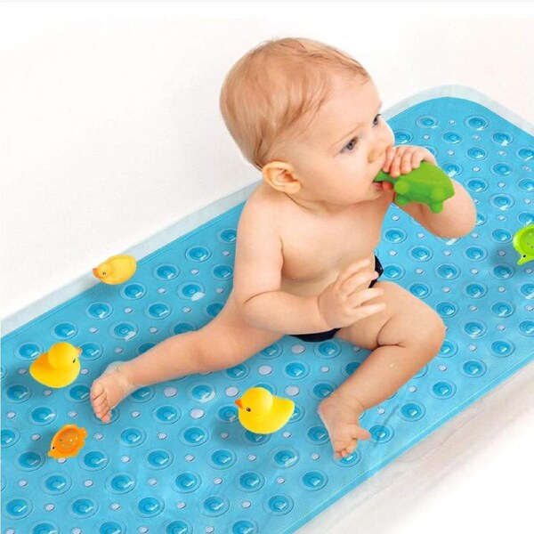 Non Slip Baby Bath Mat - Extra Long, 40x16 Inch, Eco-Friendly with 200 Suction Cups, Machine Washable - Blue
