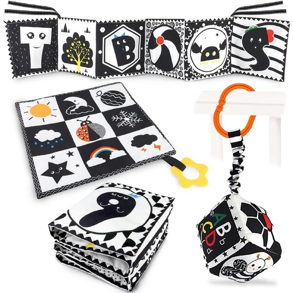 Black White High Contrast Baby Toys 0-9 Months: Montessori Sensory Soft Book, Tummy Time Gifts