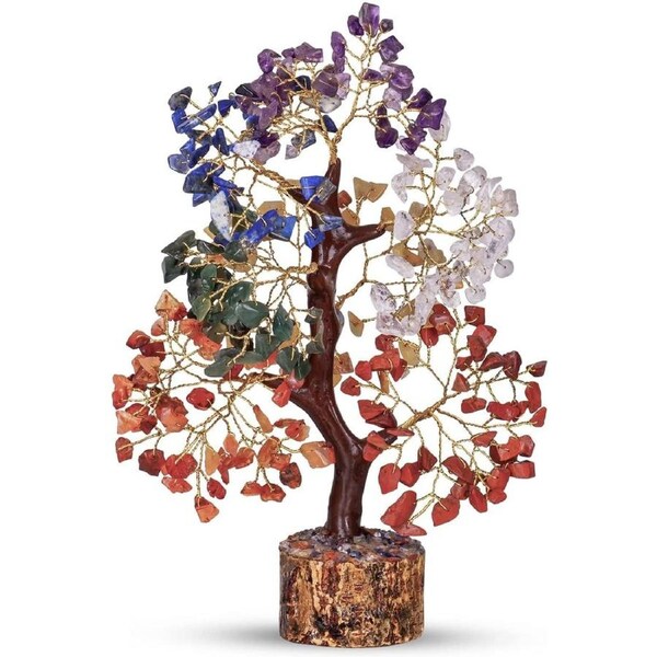 Seven Chakra Healing Gemstone Bonsai Money Tree Crystals - 10 Inch (Golden Wire)