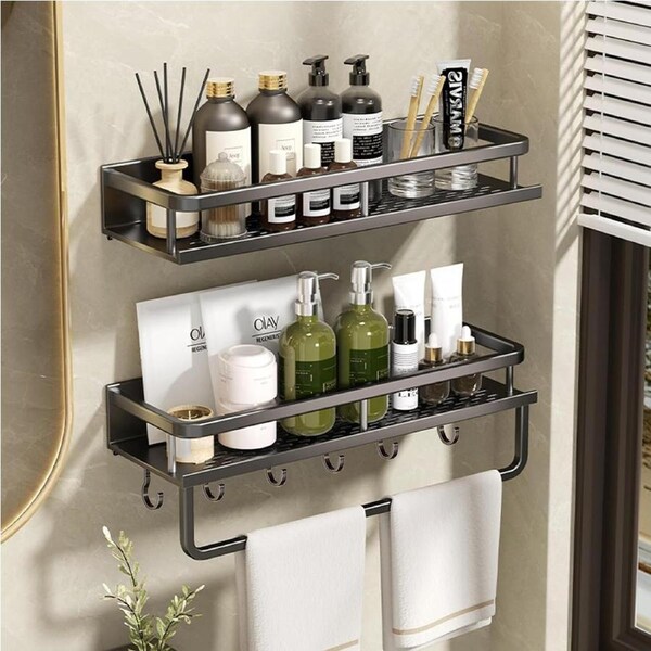 2 Pack Shower Caddy Adhesive Organizer Rustproof Aluminum Rack with Towel Bar