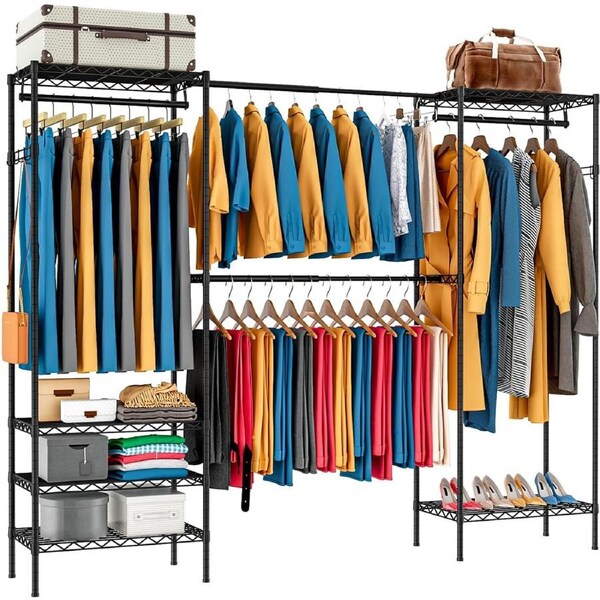 Expandable Wardrobe Organizer with 6 Shelves and Double Hanging Rods