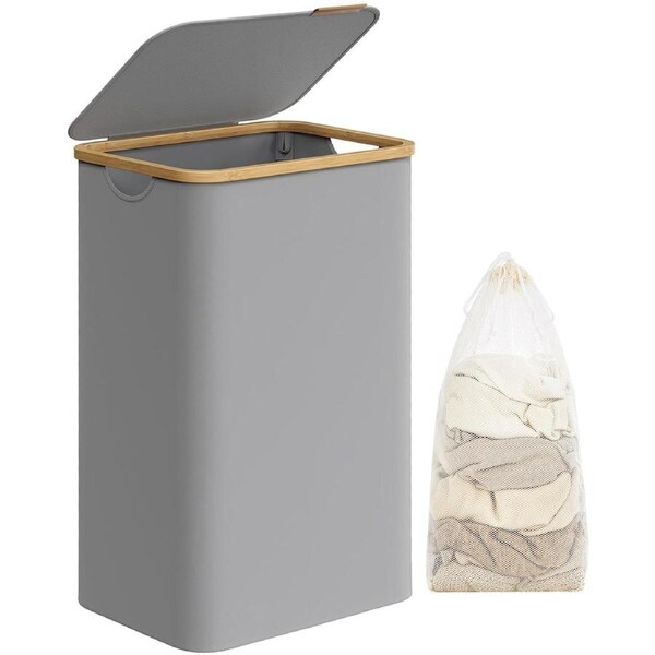 Large Collapsible Laundry Basket with Lid - 90L Capacity, Removable Mesh Liner - Dove Grey