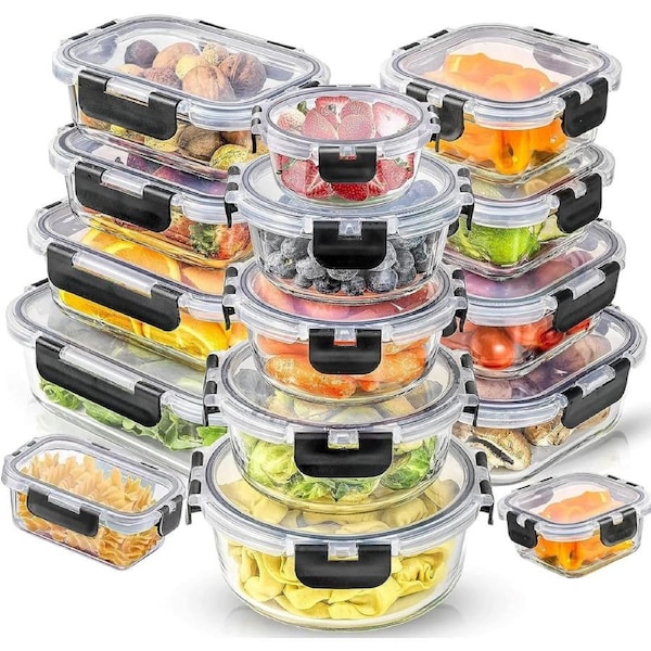 15 Pack Glass Food Storage Containers with Lids - Airtight, Leakproof Meal Prep Containers - 3 Sizes (15 pcs, Black)