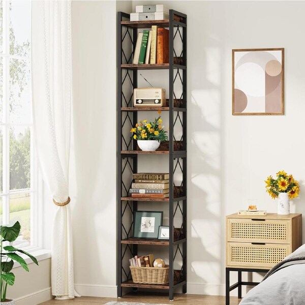 78.7 Extra Tall Narrow Bookshelf - 7-Tier Skinny Bookcase for Small Spaces - Rustic Brown