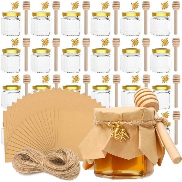 1.5oz Mini Glass Hexagon Canning Jars with Gold Lid and Bee Charms for Honey, Wedding Favors