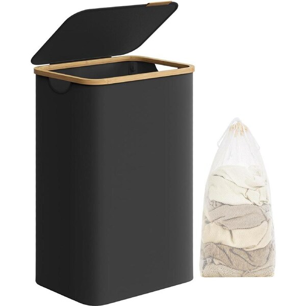 Large Laundry Basket with Lid - 90L, Removable Liner, Bamboo Handles