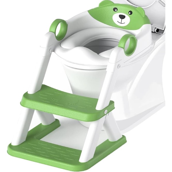 Potty Training Toilet Seat for Boys Girls - 2-in-1 with Step Stool, Soft Cushioned Seat, Splash Guard - Green