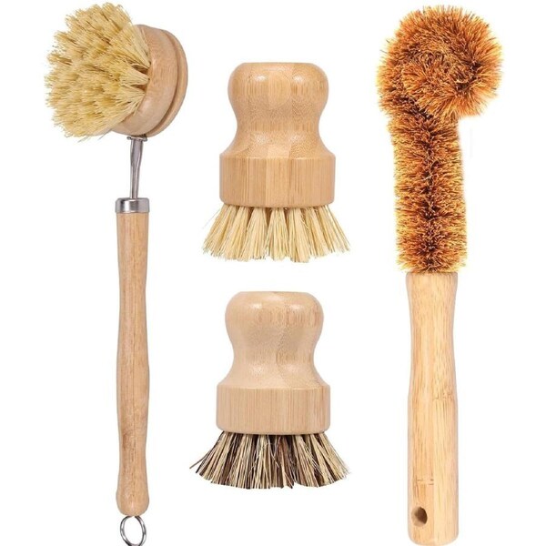 4Pcs Wooden Dish Brushes Set - Natural Kitchen Clean Scrub Brushes for Pots, Pans, and Bottles