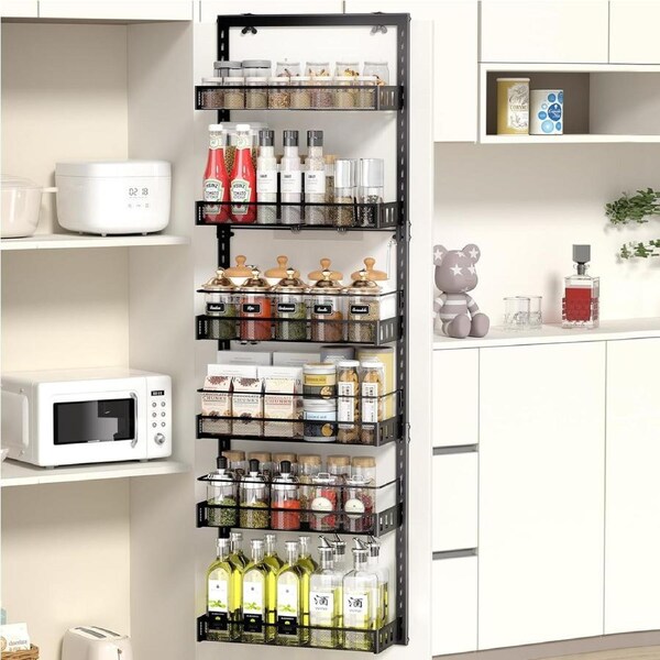 Adjustable 6-Tier Over Door Storage Organizer with Hooks - Black