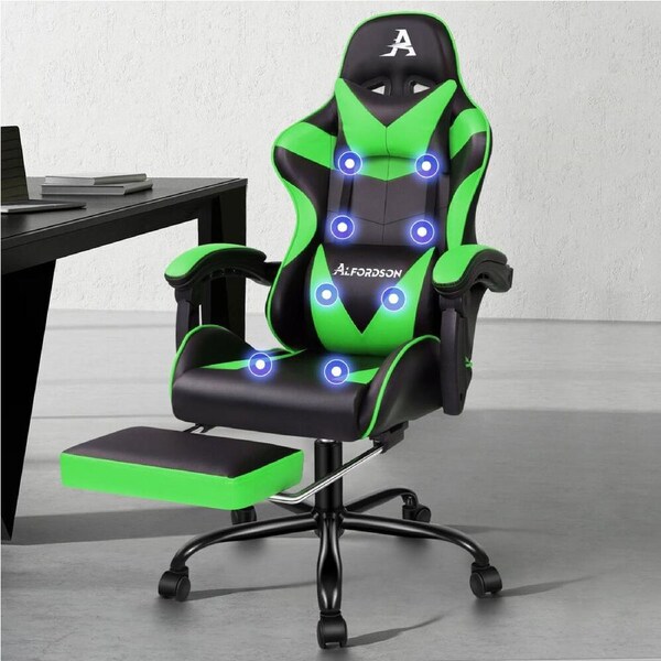 ALFORDSON Gaming Chair Office Massage Computer PU Leather Black & Green