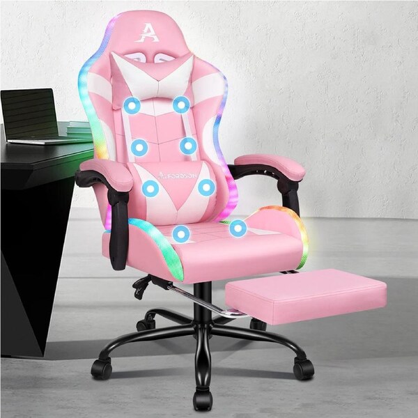 ALFORDSON Gaming Chair Office Massage 12 RGB LED PU Leather Black & Pink