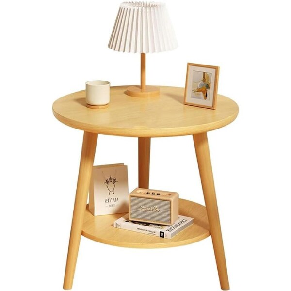 Wood Round Side Table 2 Tier Side Table Nightstand, End Table Easy Assembly Bedside Table, Double Layer (40 x 52 CM)