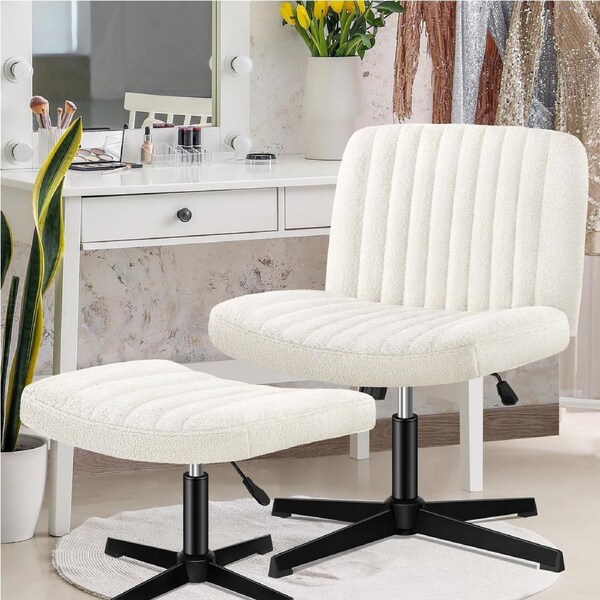 ALFORDSON Armless Office Chair Ottoman Set Boucle White