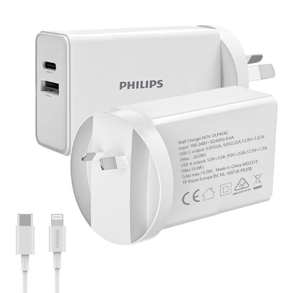 Philips 20W Power Adapter Wall Charger with 1.25m USB-C to L Cable DLP4342L