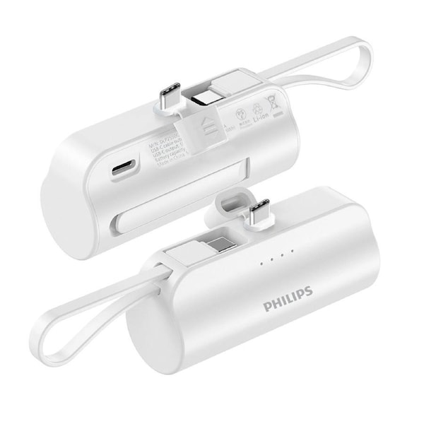 Philips Mini Portable Charger for iPhone with Cable, 4800mAh Power Bank Small Battery Pack Charger Compatible with Samsung Galaxy, LG,White DLP2550CW