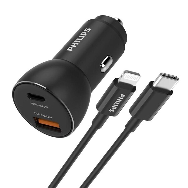 Philips QC+PD Car Charger with USB-C to Apple L Cable (DLP2521L)