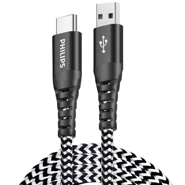 PHILIPS USB Type C Cable, USB-A to USB-C Black Braided Fast Charging Cable, Compatible with iPad Pro, iPhone 15, MacBook, Samsung Galaxy, Google Pixel (125cm USB-A to Type-C Cable) DLC4572A