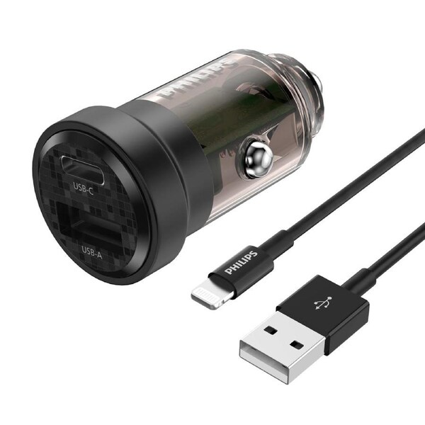 Philips Ultra Fast Car Charger with USB-A to Apple L Cable (DLP2522V)
