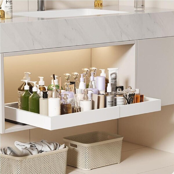 43.5-68cm White Pull Out Bath Cabinet Organizer Slide Out Drawers Kitchen Pantry Organization